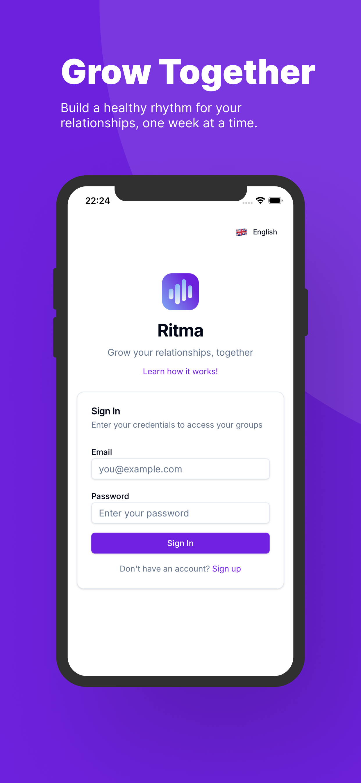 Ritma app showing sign in screen